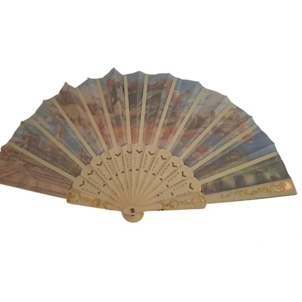Folding Hand Fan Spain Madrid Scene Souvenir Decorative Collectible vintage